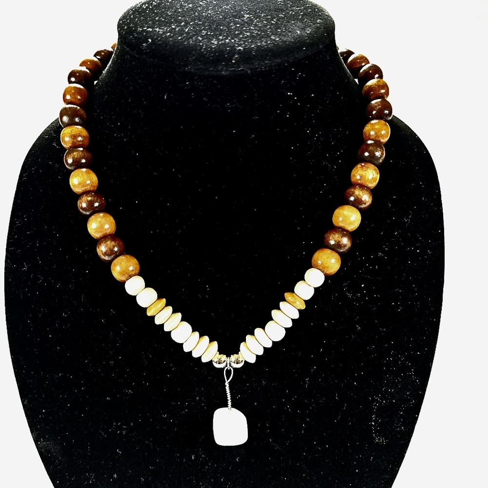 Barrel Wood Beads Necklace & earrings Jewelry two pieces set